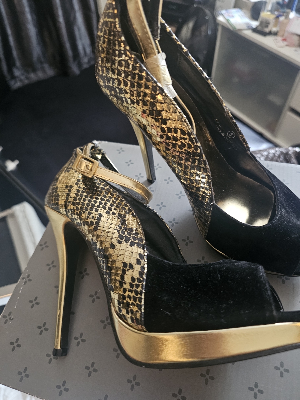 Gold Snake-Print & Black Velvet High Heels